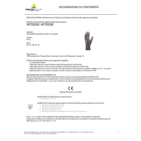 Guanti da lavoro Delta Plus in maglia di poliammide con palmo in poliuretano grigio  taglia 8 - VE702GR08